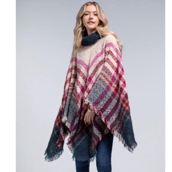 NEW Tara Cozy Boho Plaid Turtleneck Pullover Poncho Fringe - Picture 7 of 14